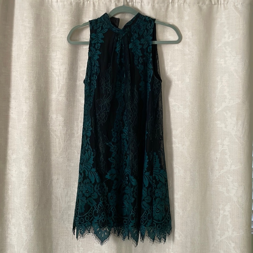 Anthropologie ERIN by Erin Fetherston Teal & Black Lace  High Nexk Mini Dress